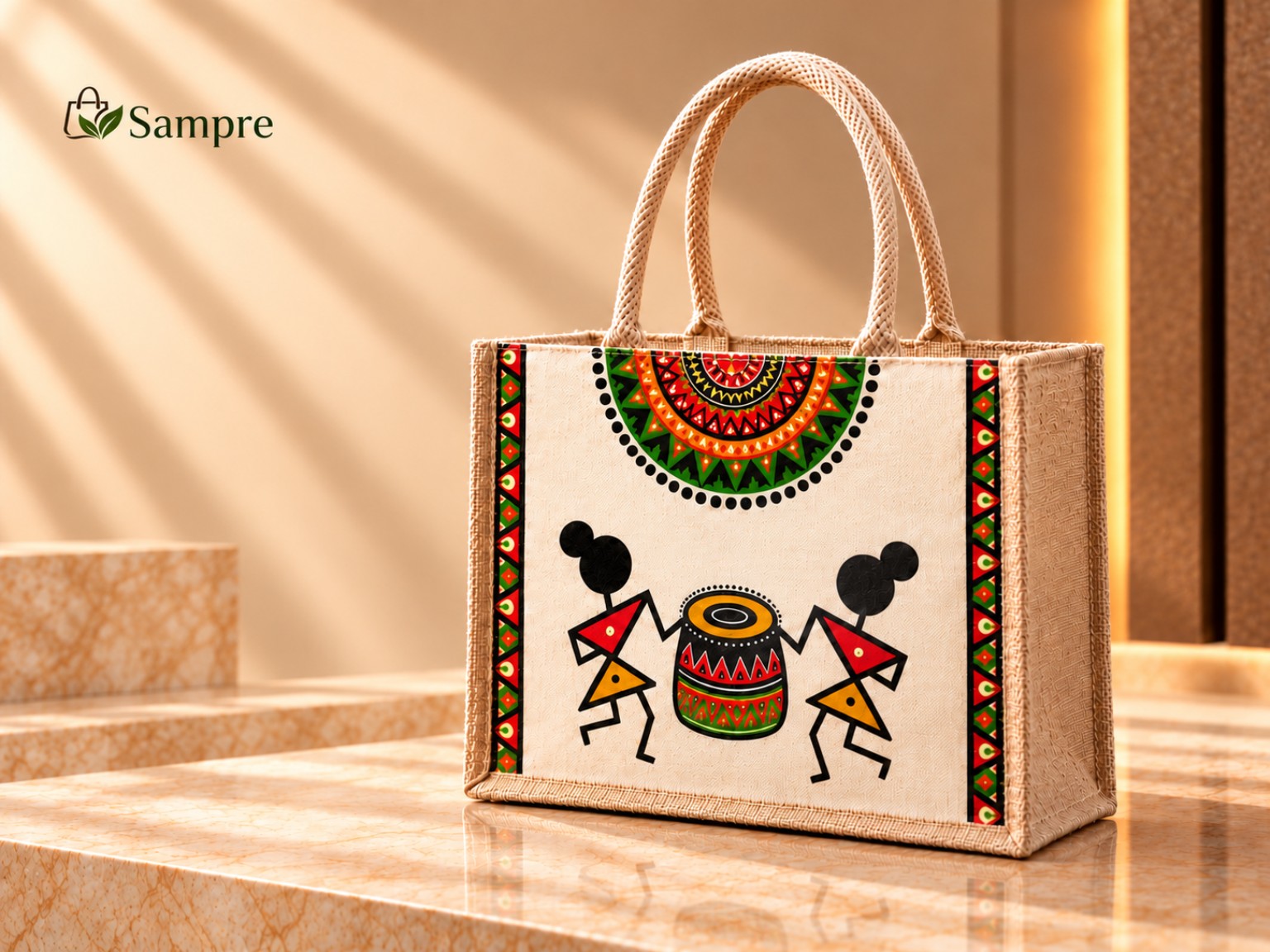 Tribal Print Jute Tote Bag