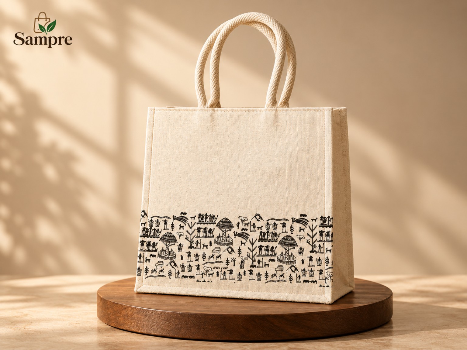 Warli Print Jute Tote Bag