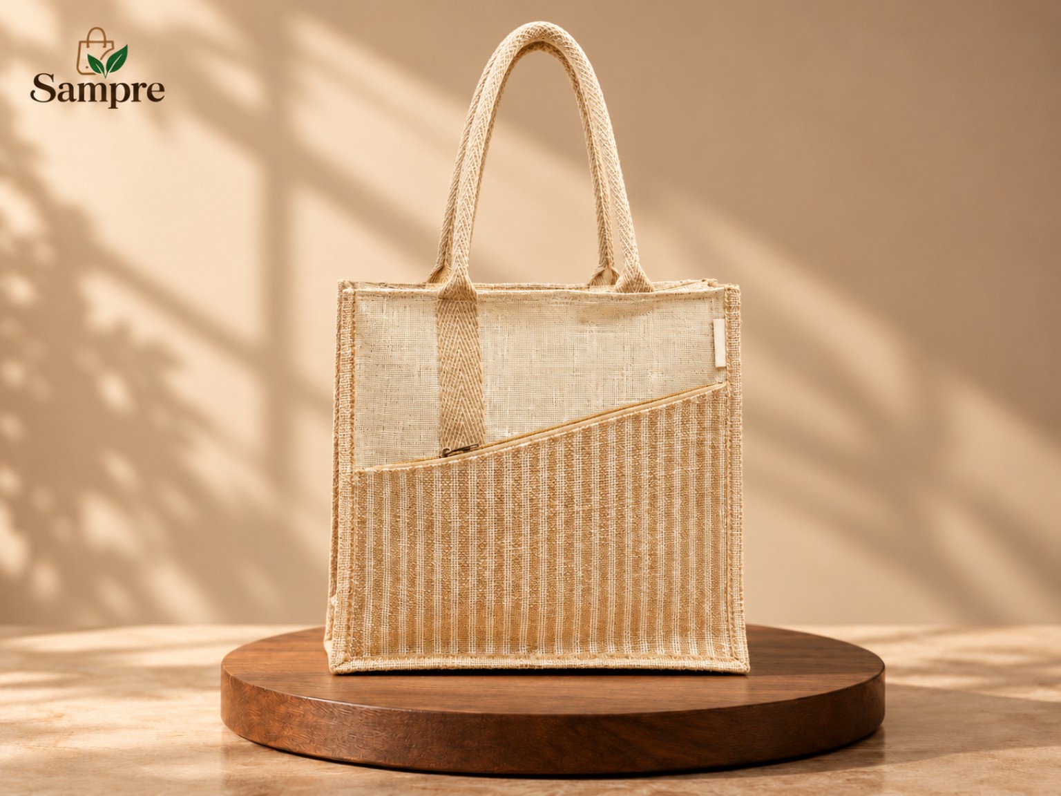 Striped Jute Tote Bag with Front Pocket