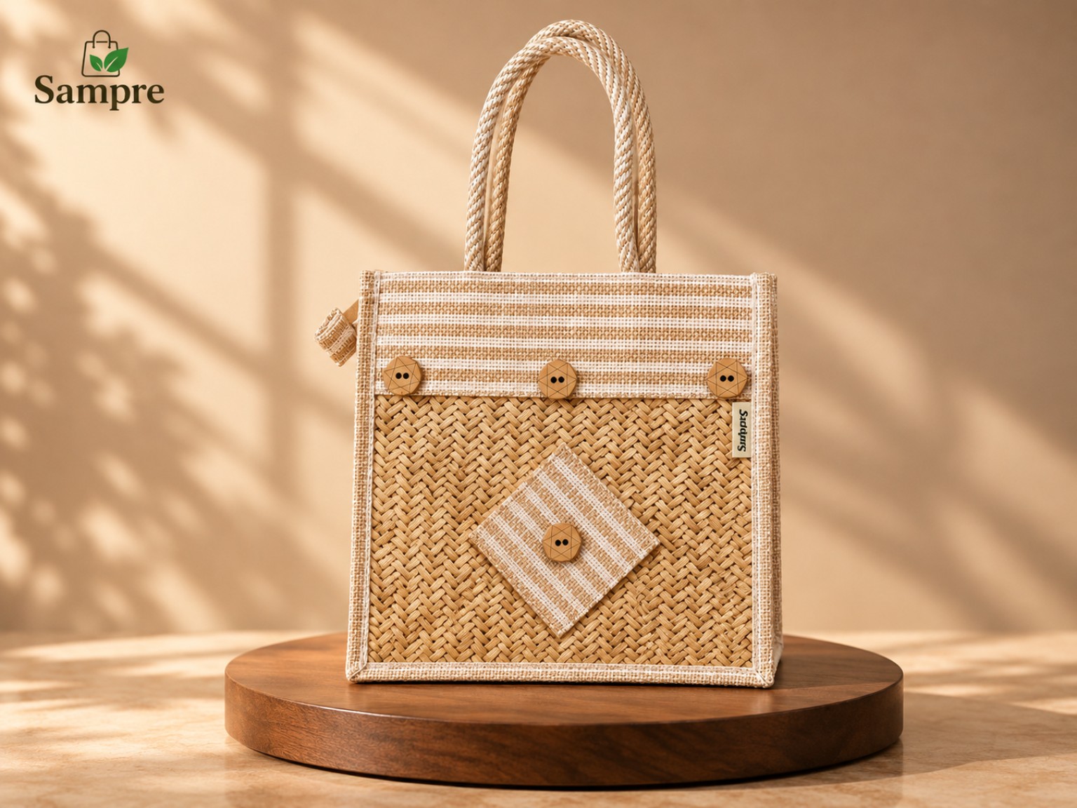 Woven Jute Tote Bag with Striped Flap