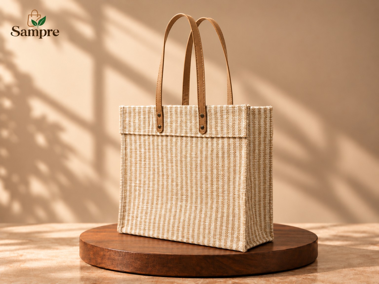 Striped Jute Tote Bag with Leather Handles