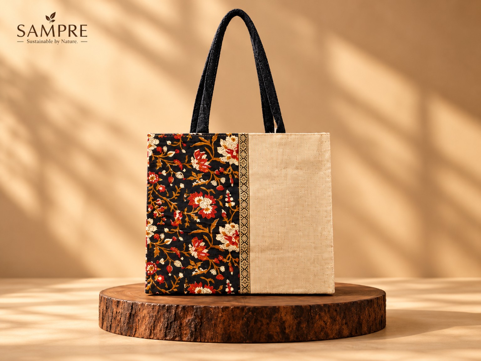 Half Floral Print Jute Tote Bag
