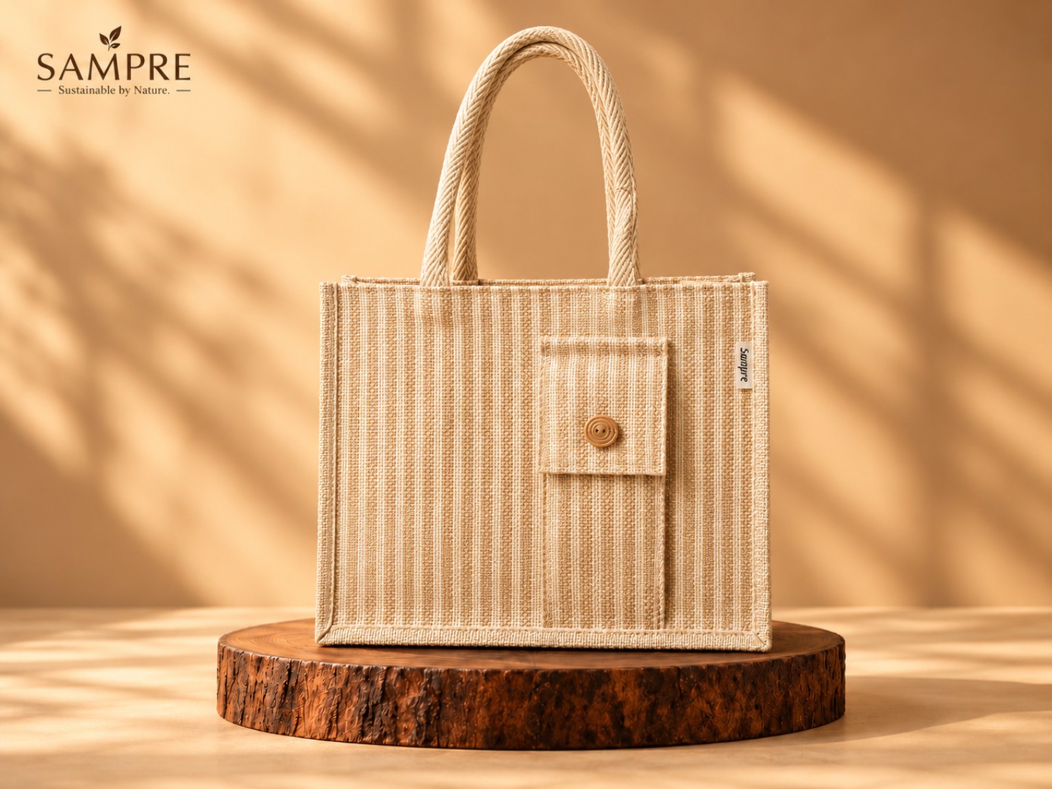 Striped Jute Tote Bag with Front Pocket