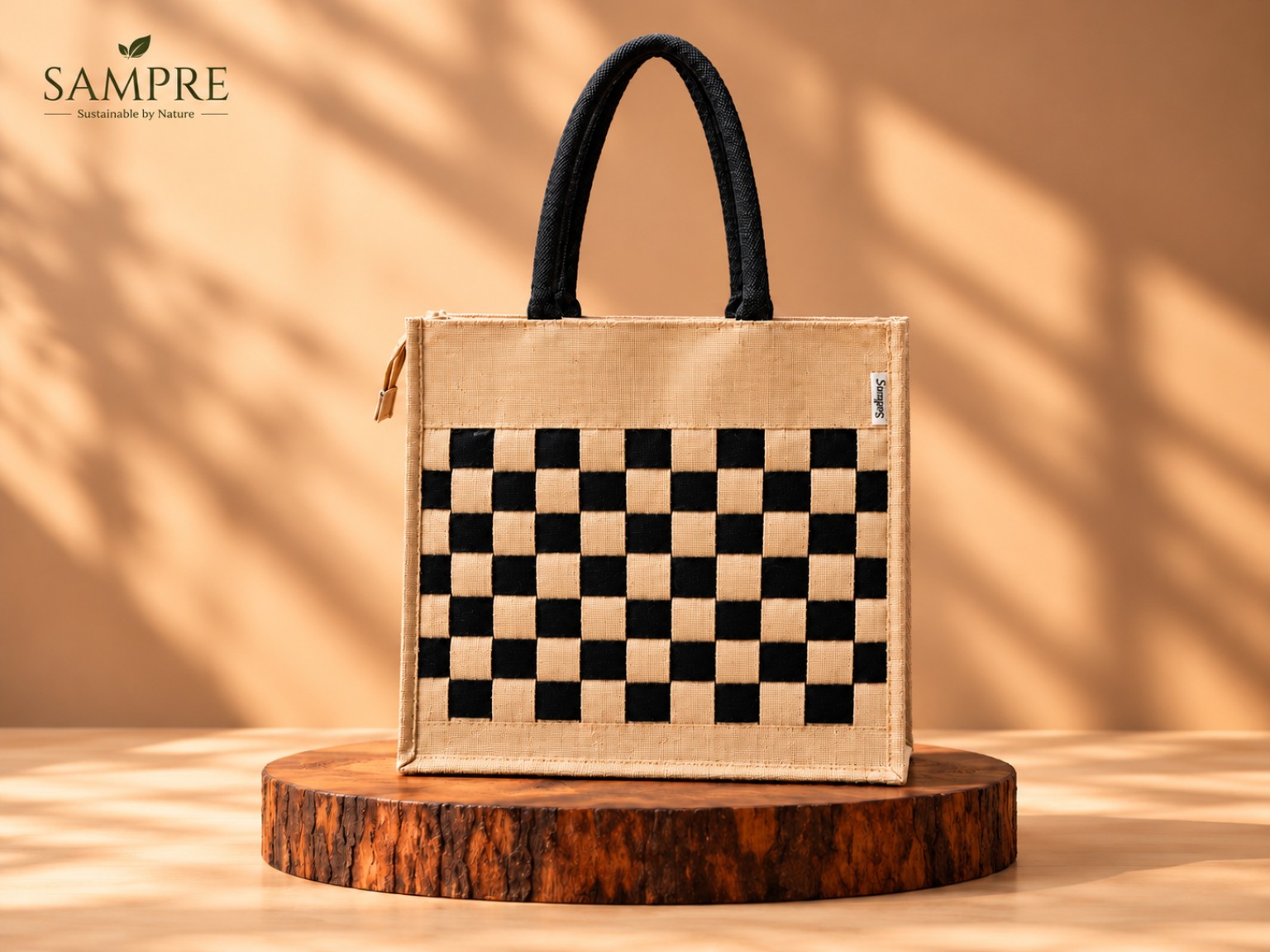 Black & Beige Checkered Jute Tote Bag