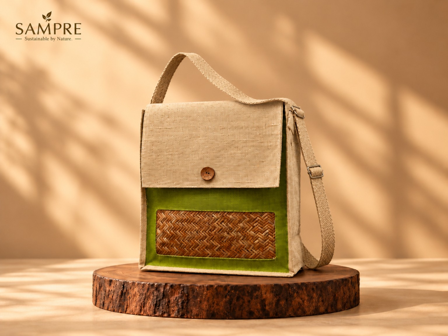 Natural Jute Sling Bag with Green Panel & Woven Front Pocket