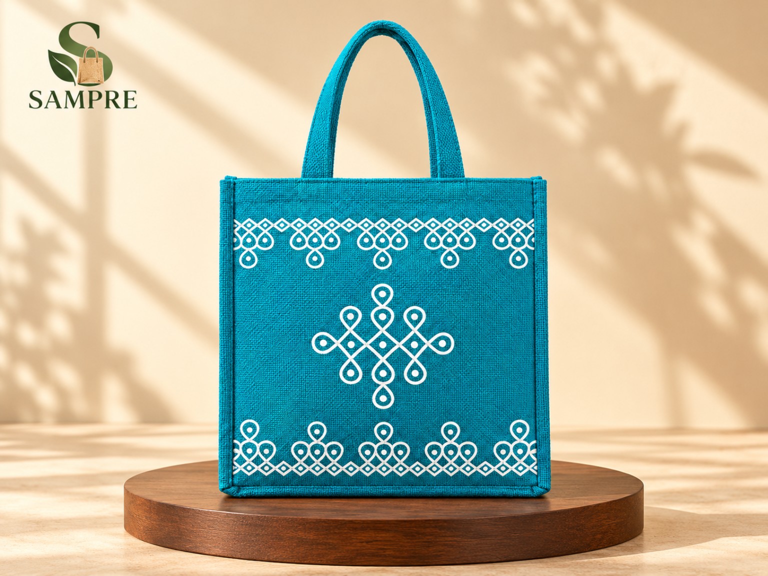Blue Printed Jute Tote Bag
