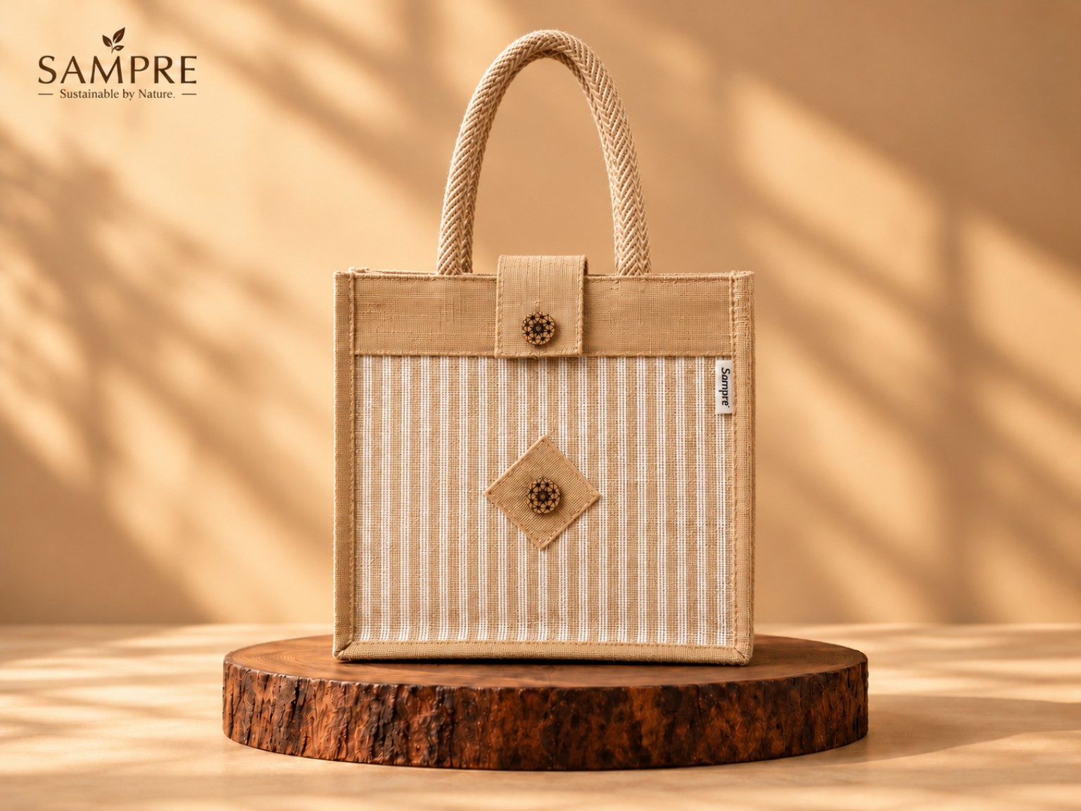 Natural Striped Jute Handbag with Braided Handles