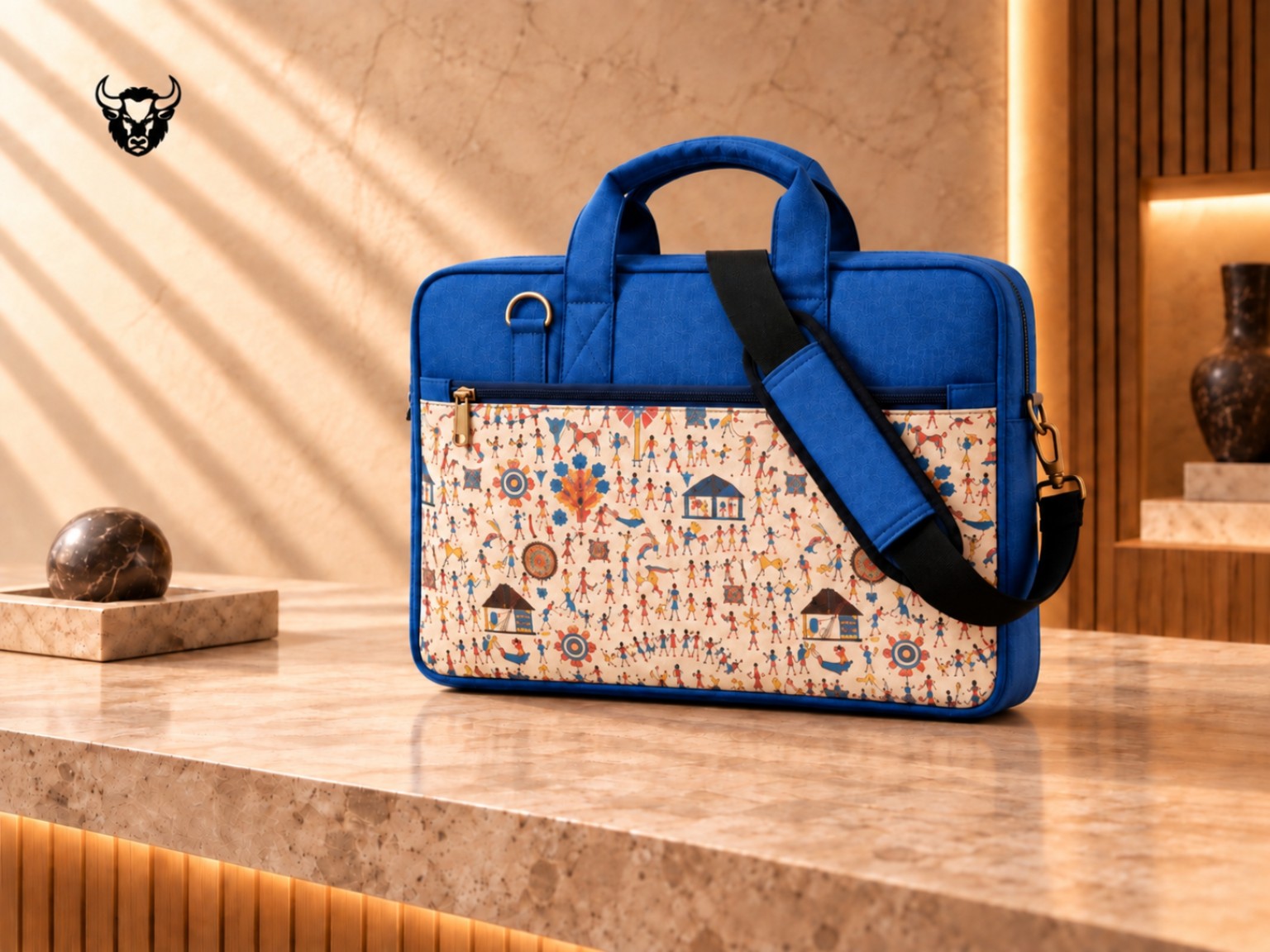 Blue printed laptop bag