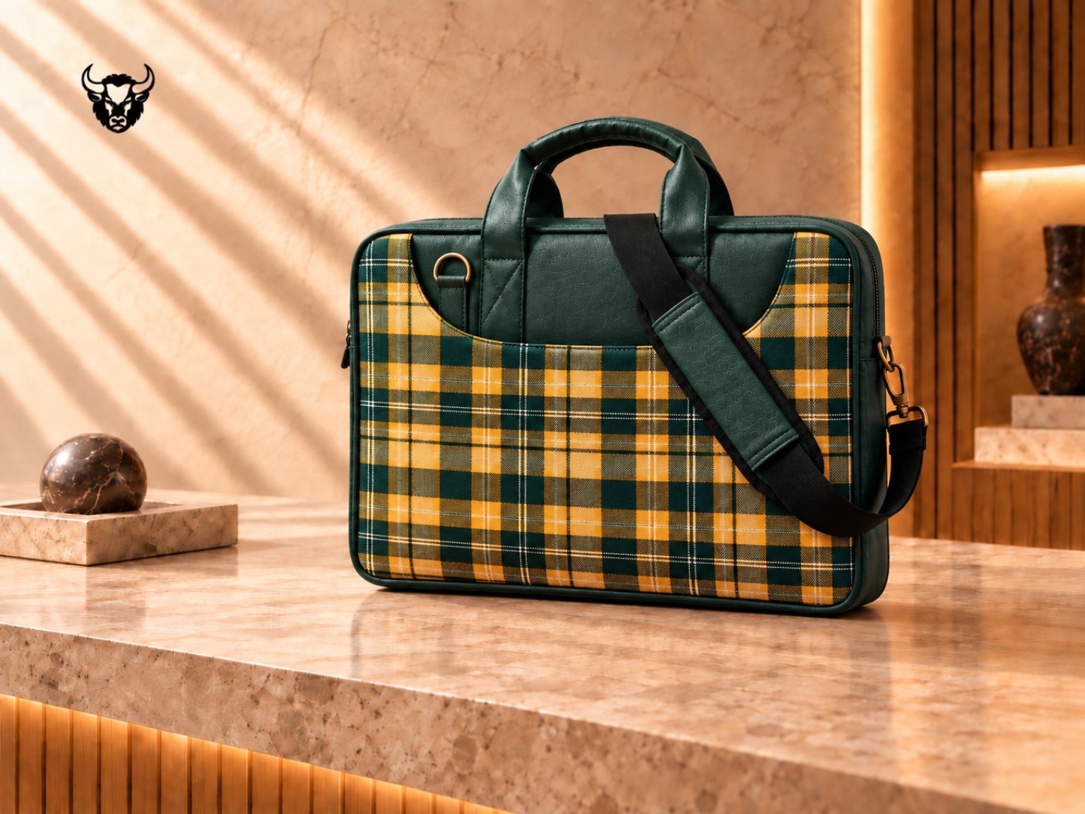 Green check laptop bag