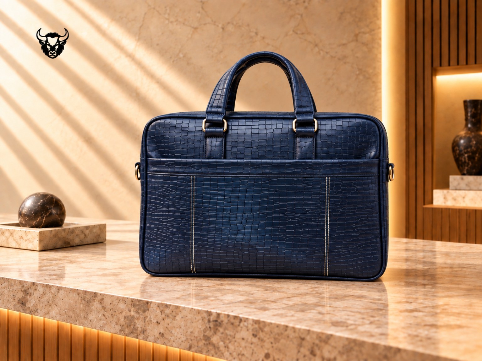 Navy crocodile-texture laptop bag