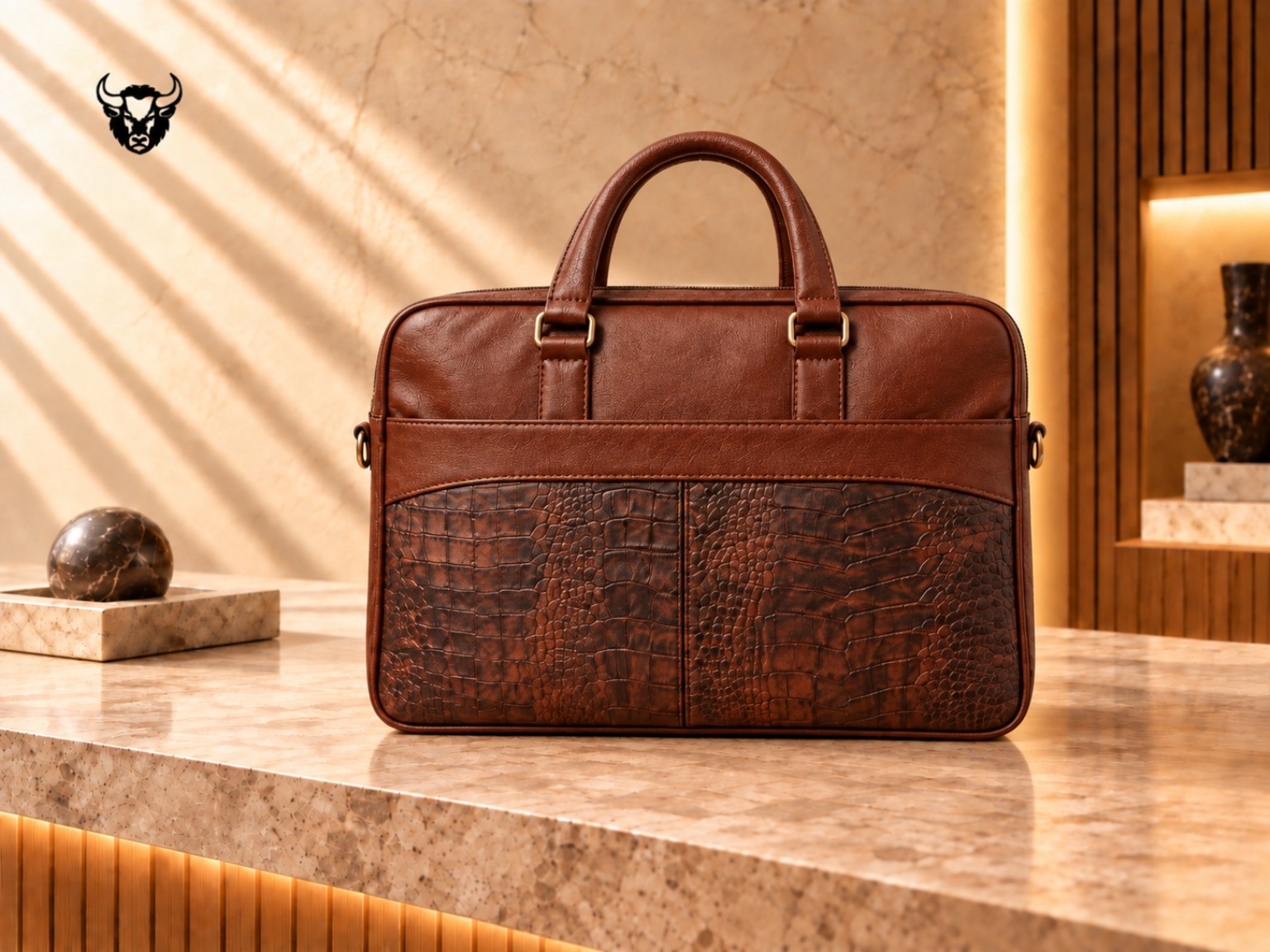 Brown crocodile-texture laptop bag