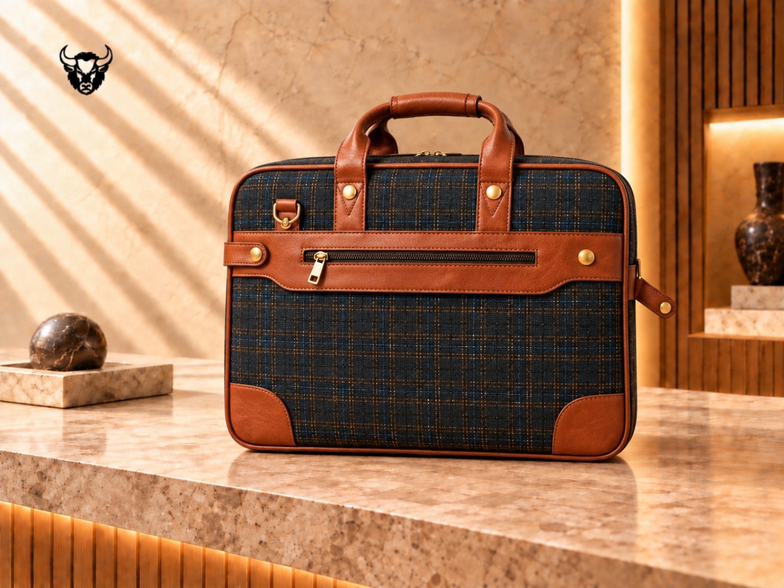 Blue check laptop bag with tan trim
