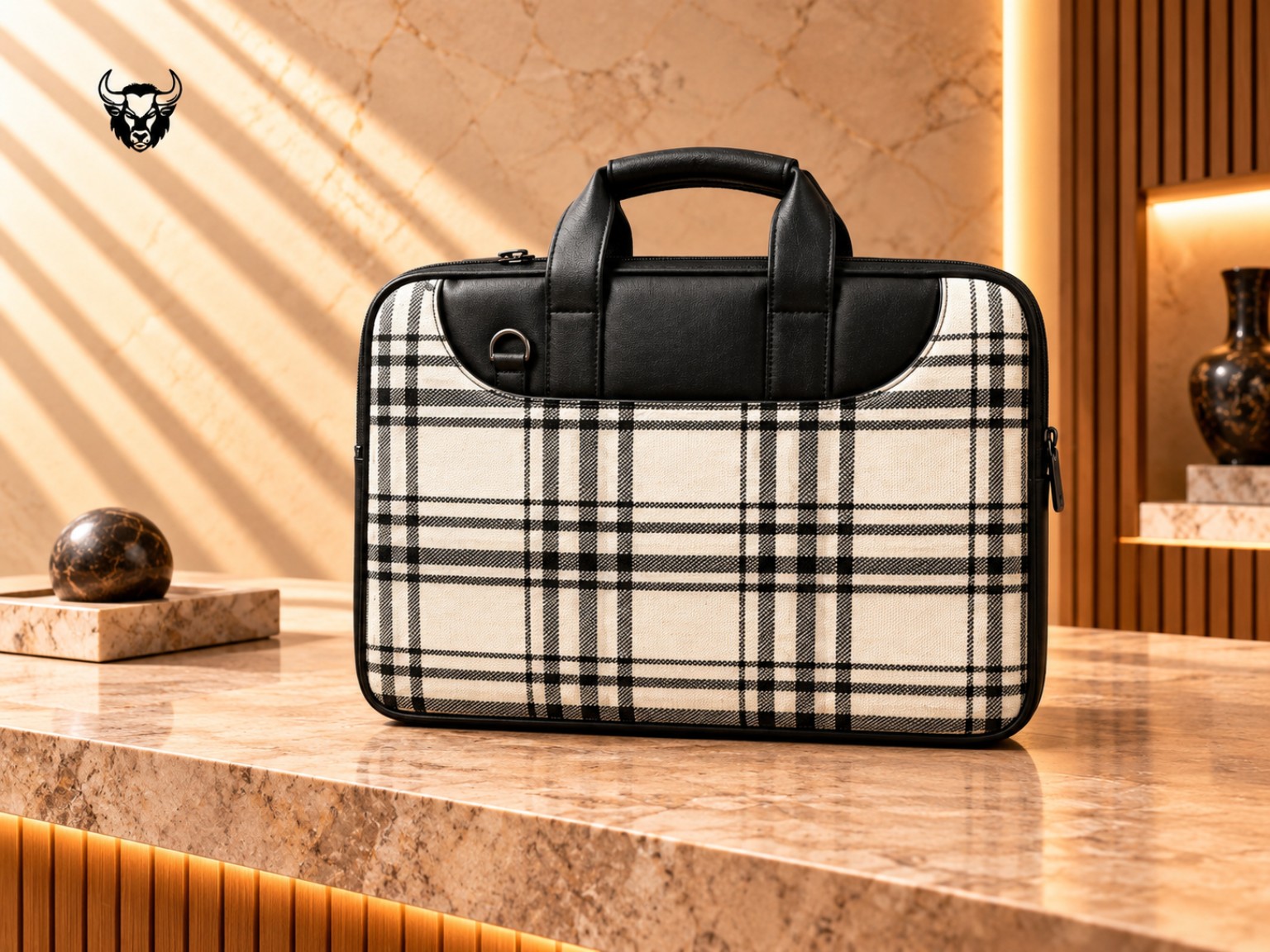 Black and ivory check laptop bag