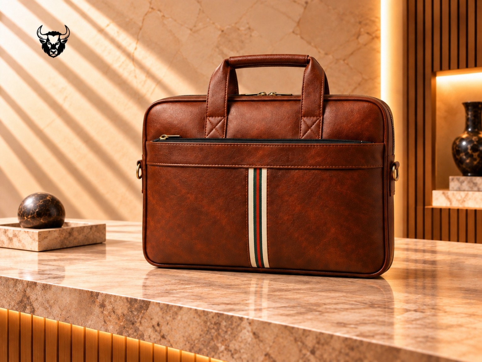 Brown laptop bag with signature stripe