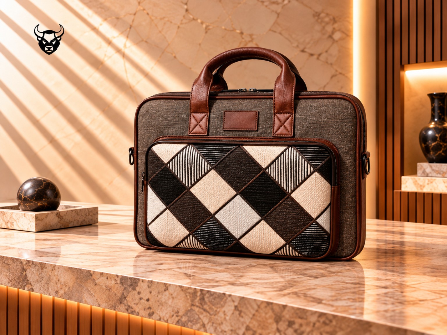 Brown argyle front-pocket laptop bag