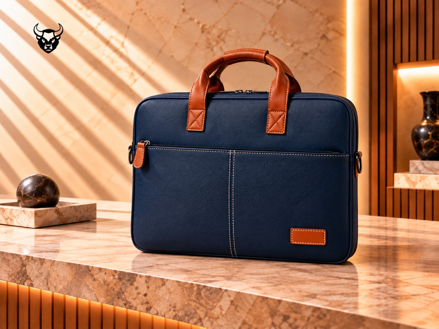 Navy blue laptop bag with tan handles