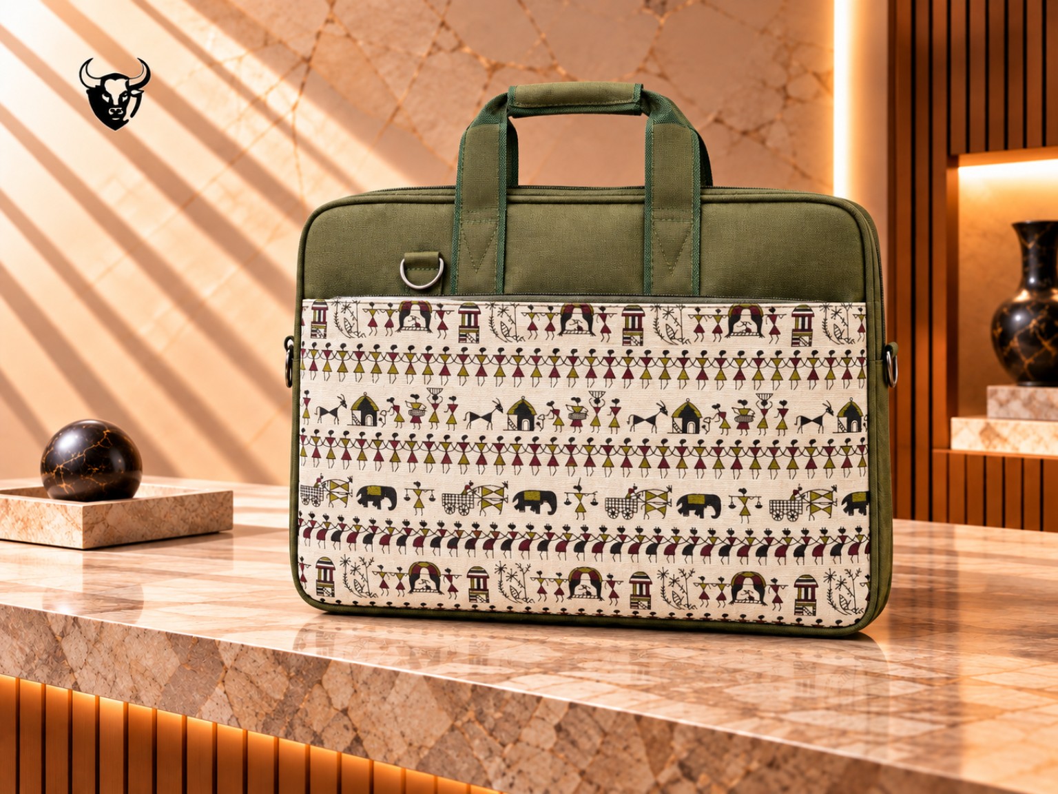 Olive green tribal print laptop bag