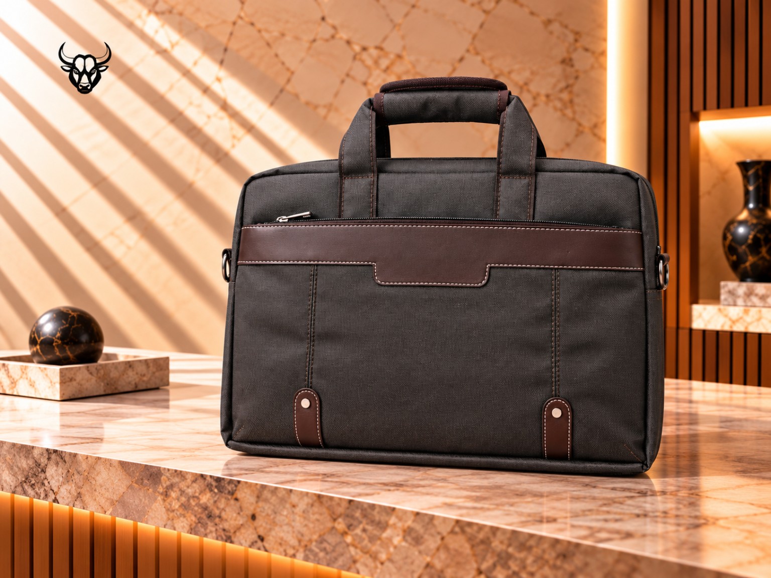 Charcoal grey laptop bag with brown trim