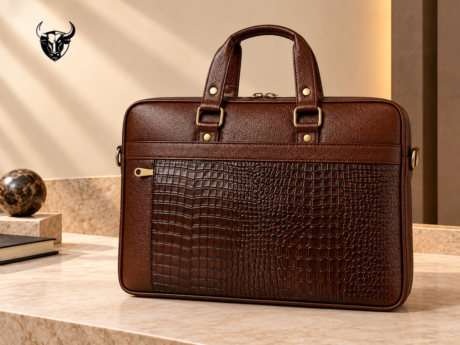 Brown crocodile-texture leather laptop bag