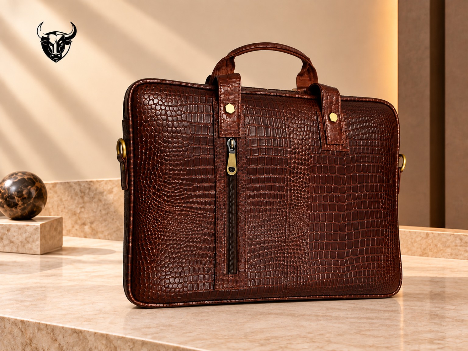 Brown crocodile-texture leather laptop bag