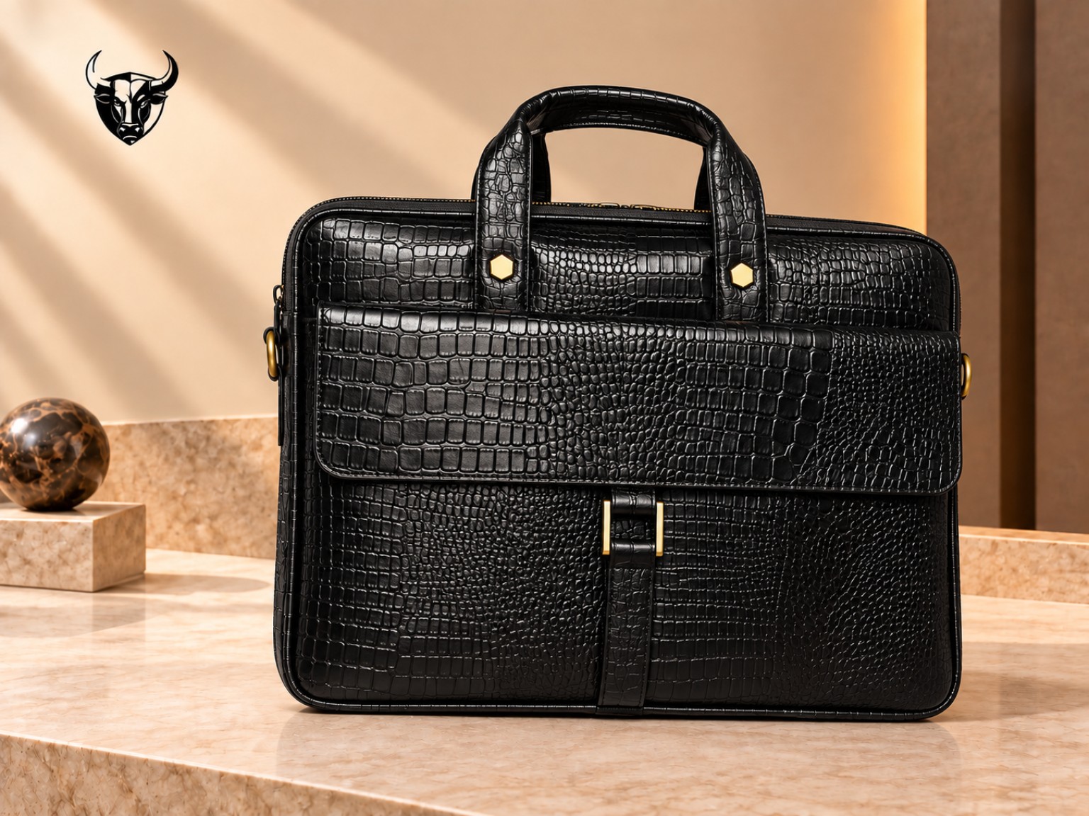 Black crocodile-texture leather laptop bag