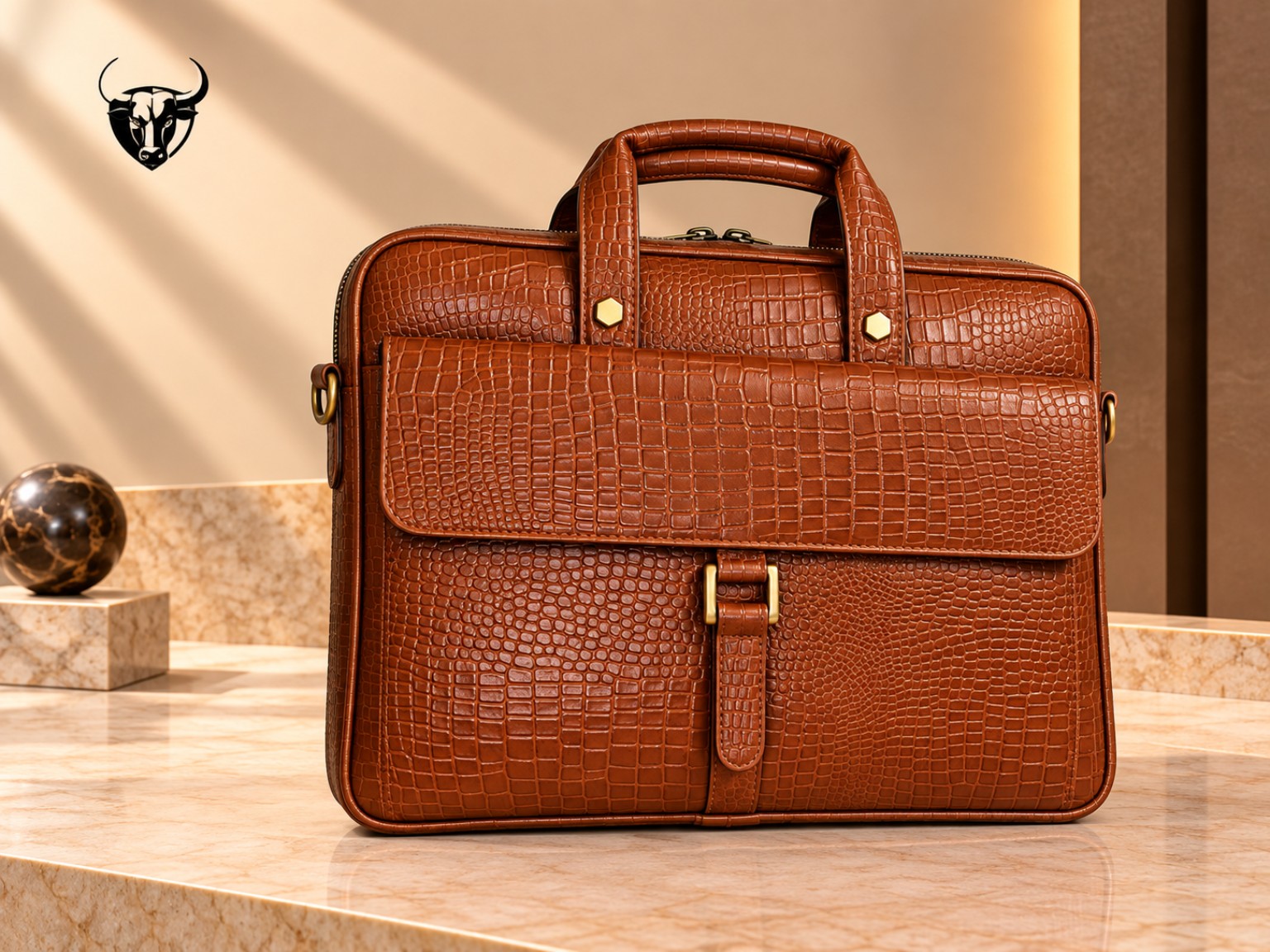 Tan crocodile-texture leather laptop bag
