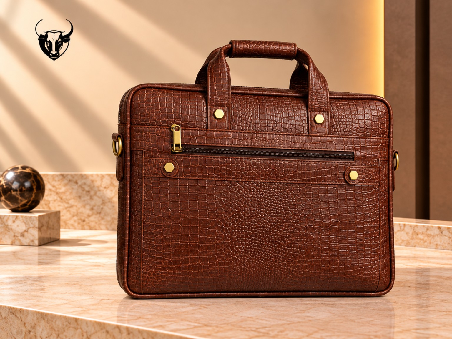 Brown crocodile-texture leather laptop bag
