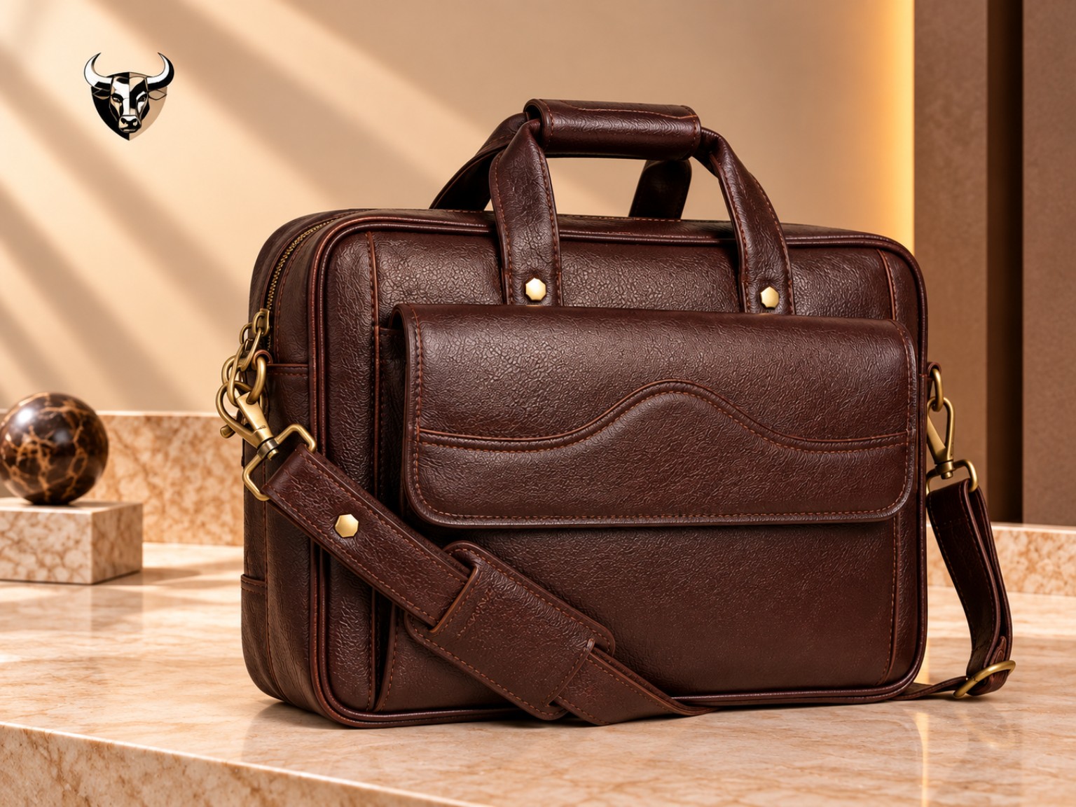Brown leather laptop bag with front flap pocket