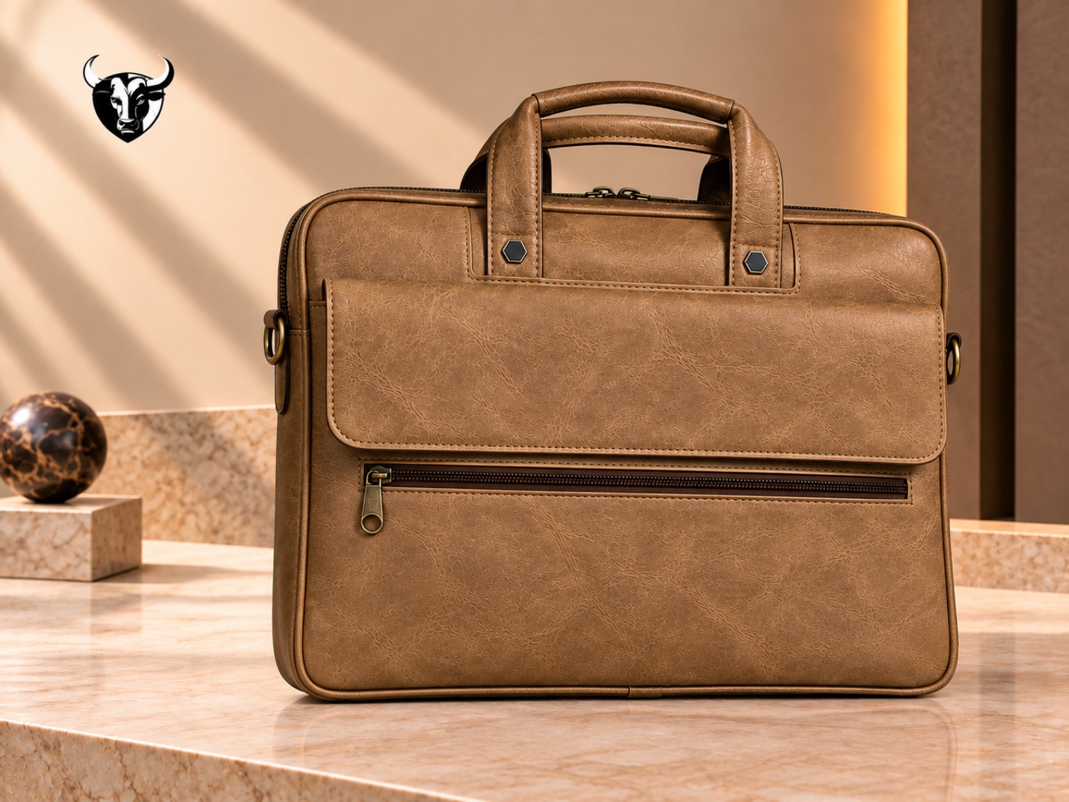 Tan leather laptop bag with front flap and zipper pocket
