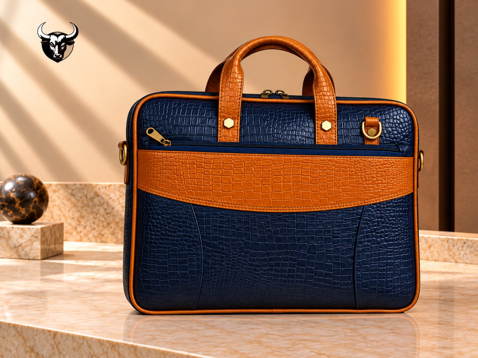 Navy blue crocodile-texture leather laptop bag with tan trim