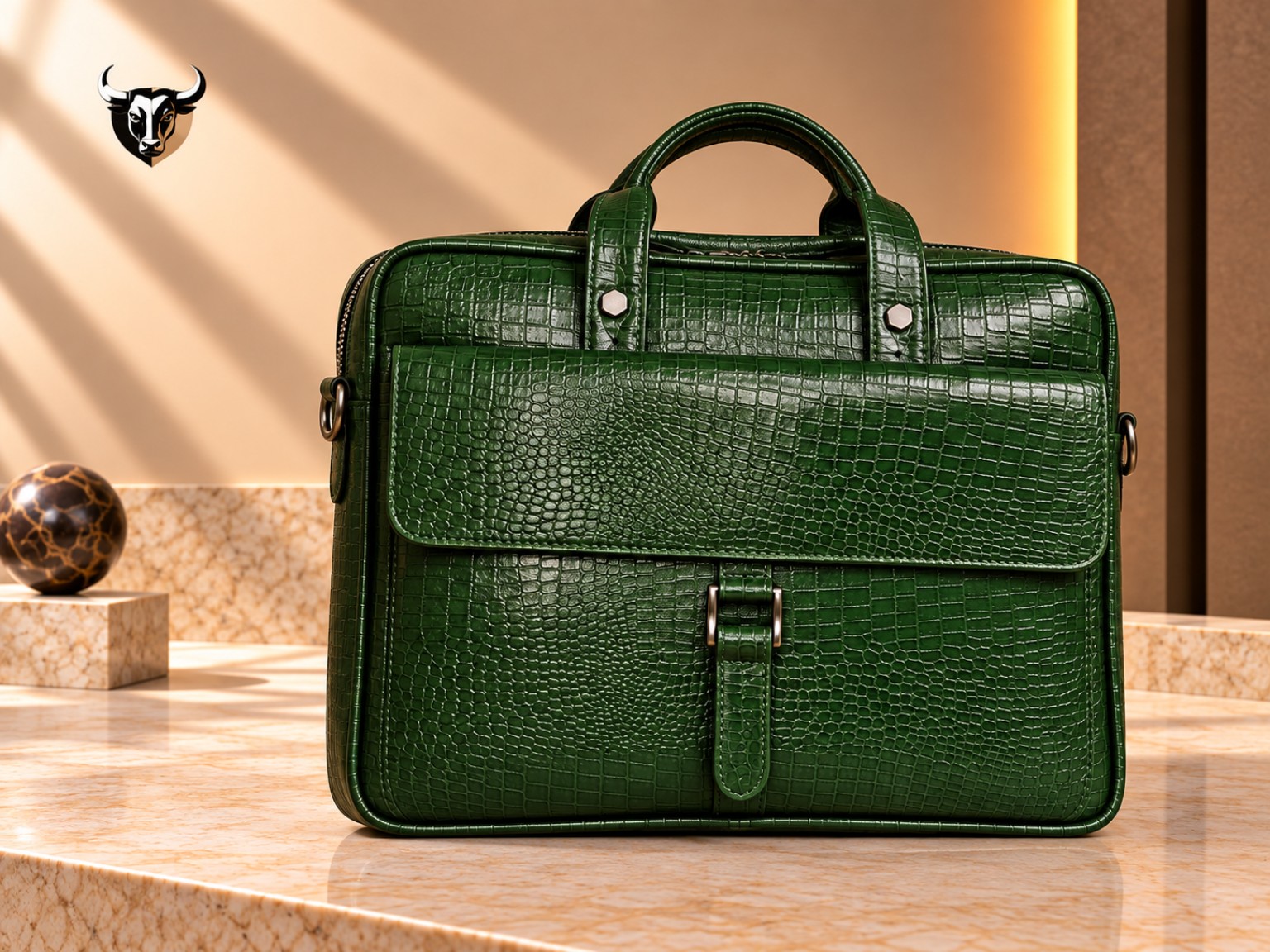 Forest green crocodile-texture leather laptop bag with front flap
