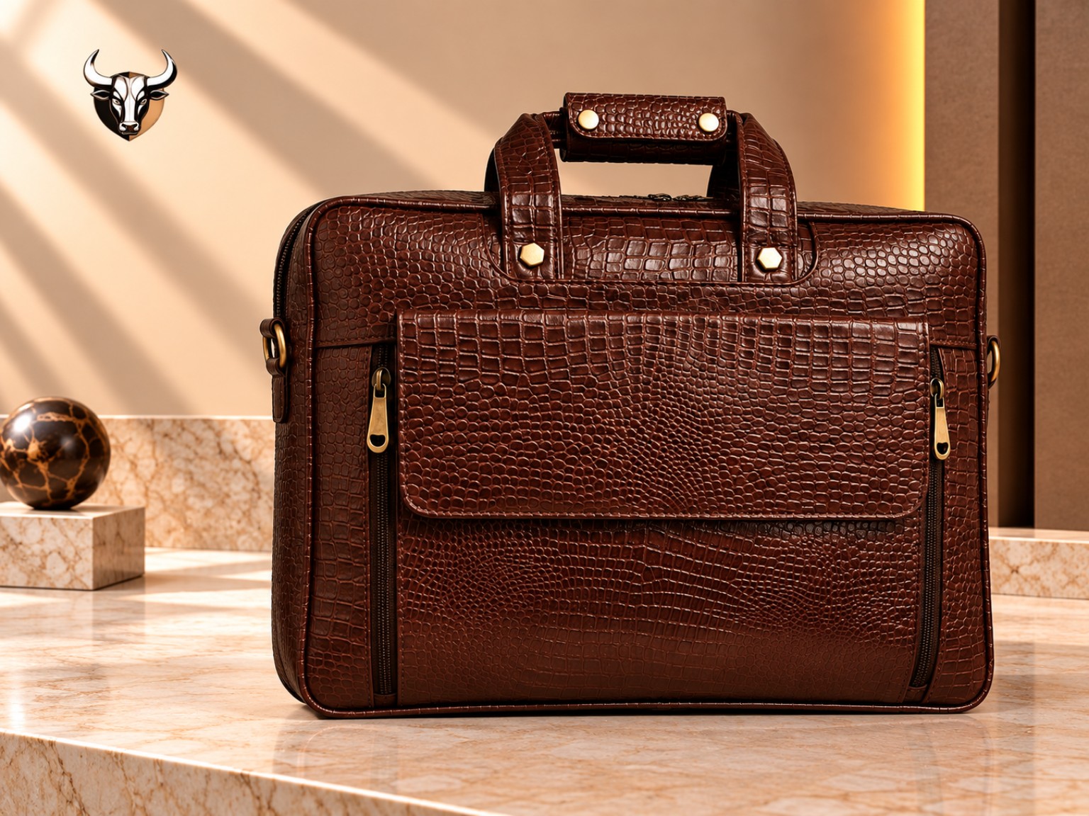 Brown crocodile-texture leather laptop bag with front flap pocket