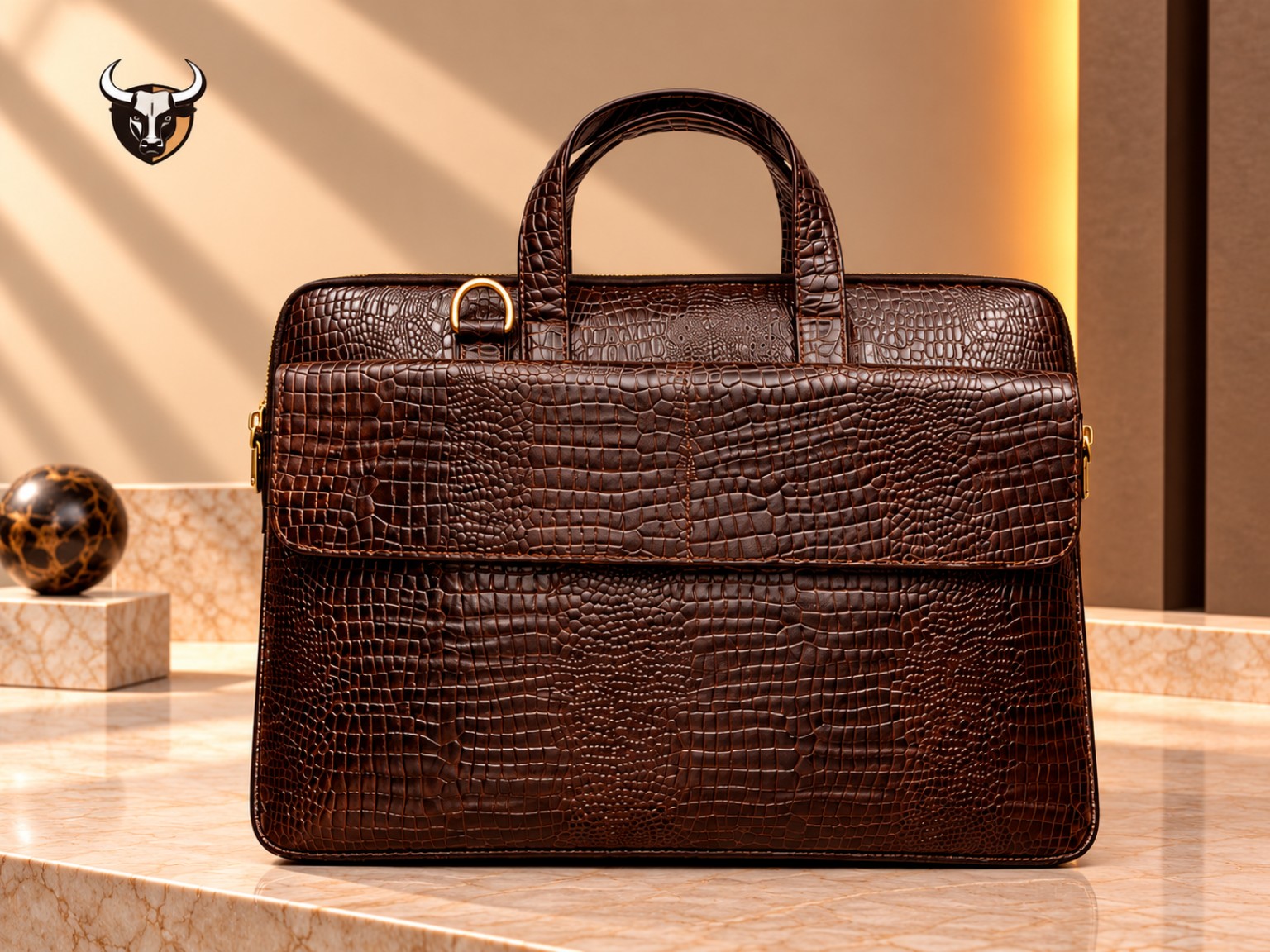 Brown crocodile-texture leather office laptop bag with front flap