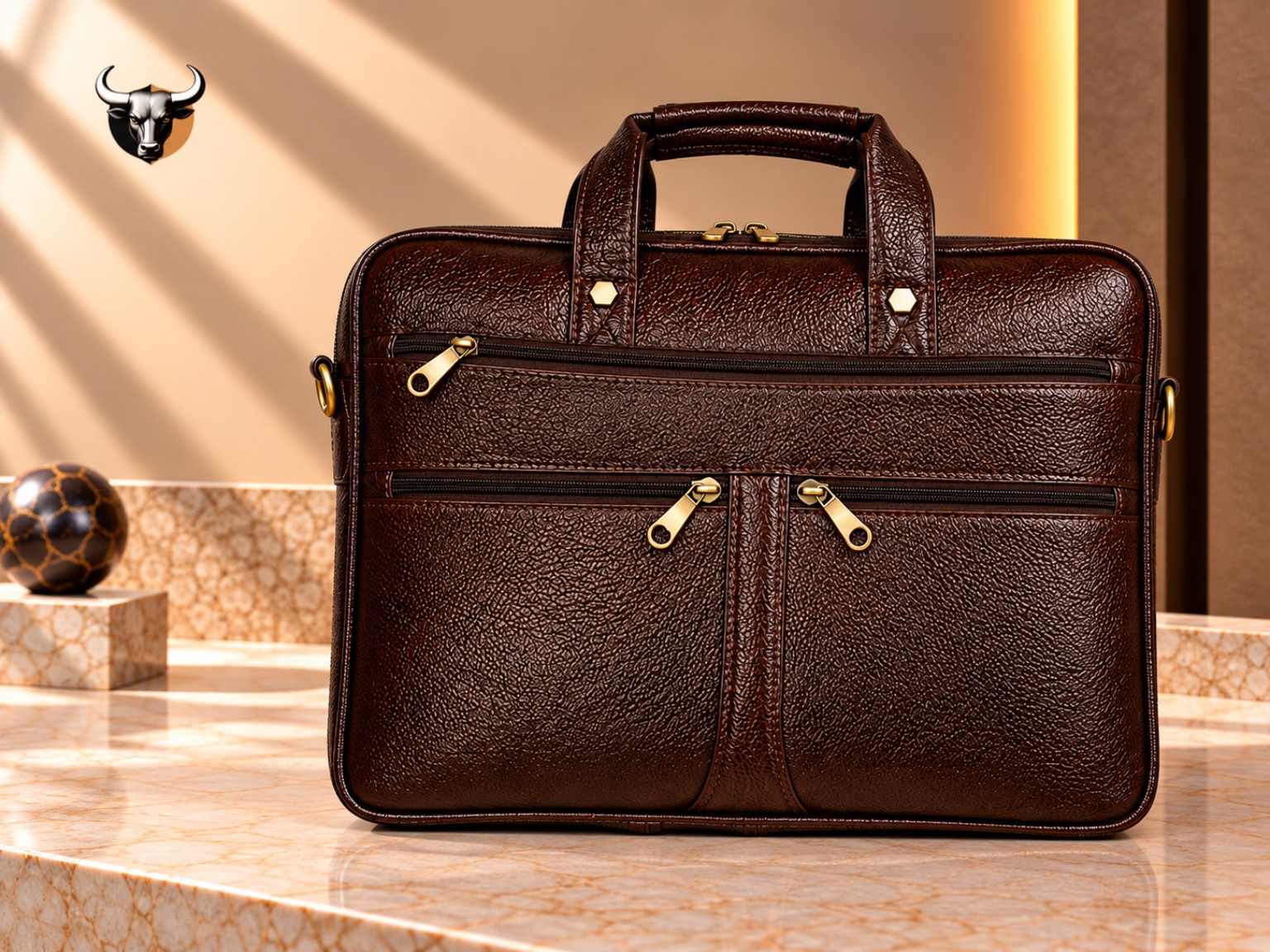 Dark brown leather laptop bag with multiple front zipper pockets