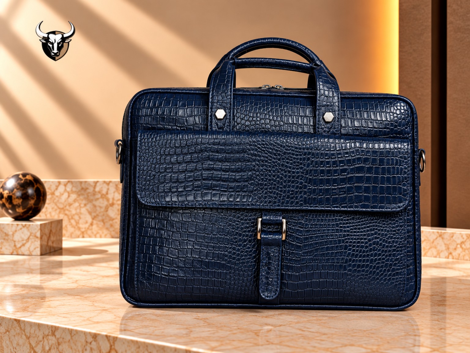 Navy blue crocodile-texture leather laptop bag with front flap